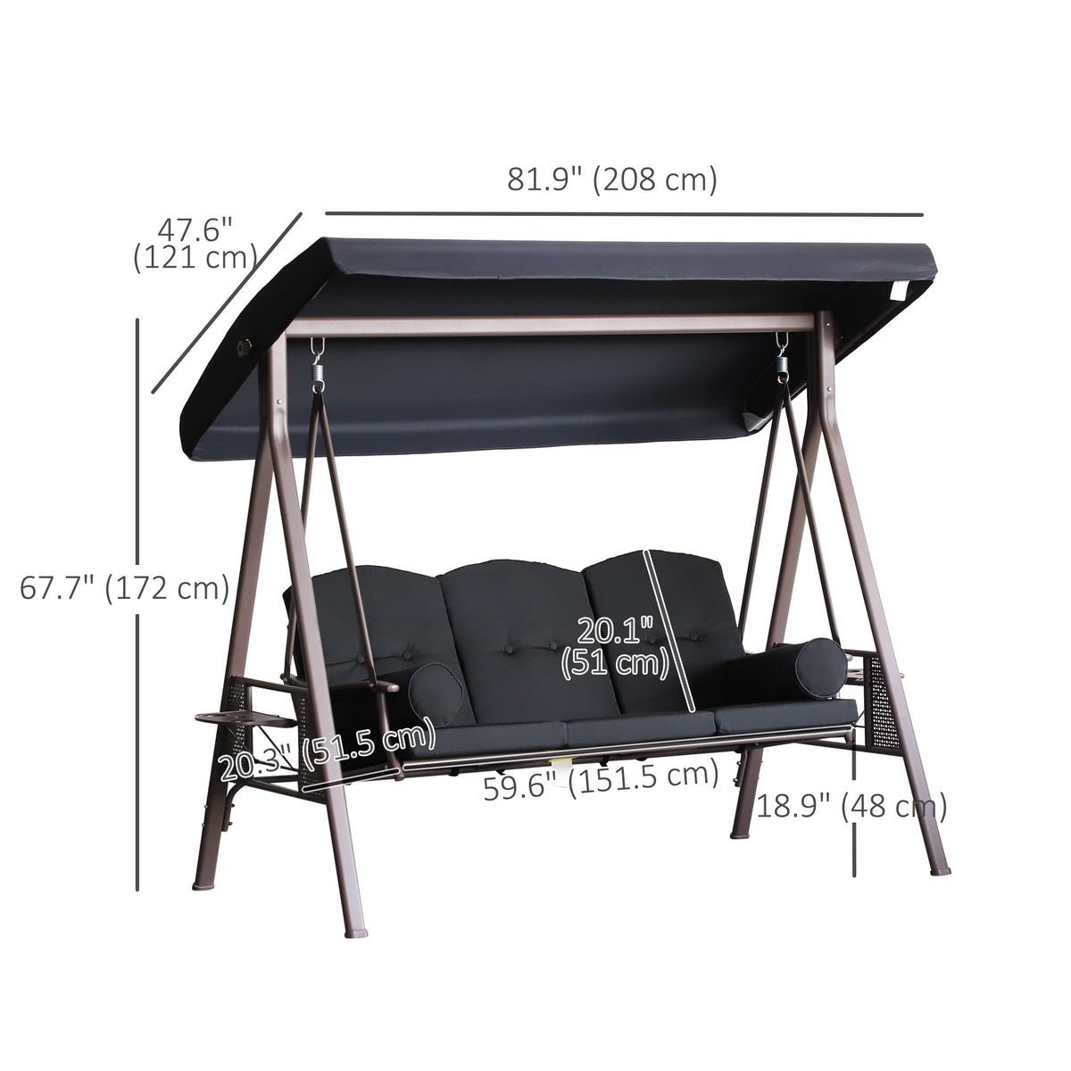 Outsunny 3 Seater Porch Swing Heavy Duty Outdoor Swing Chair, Black