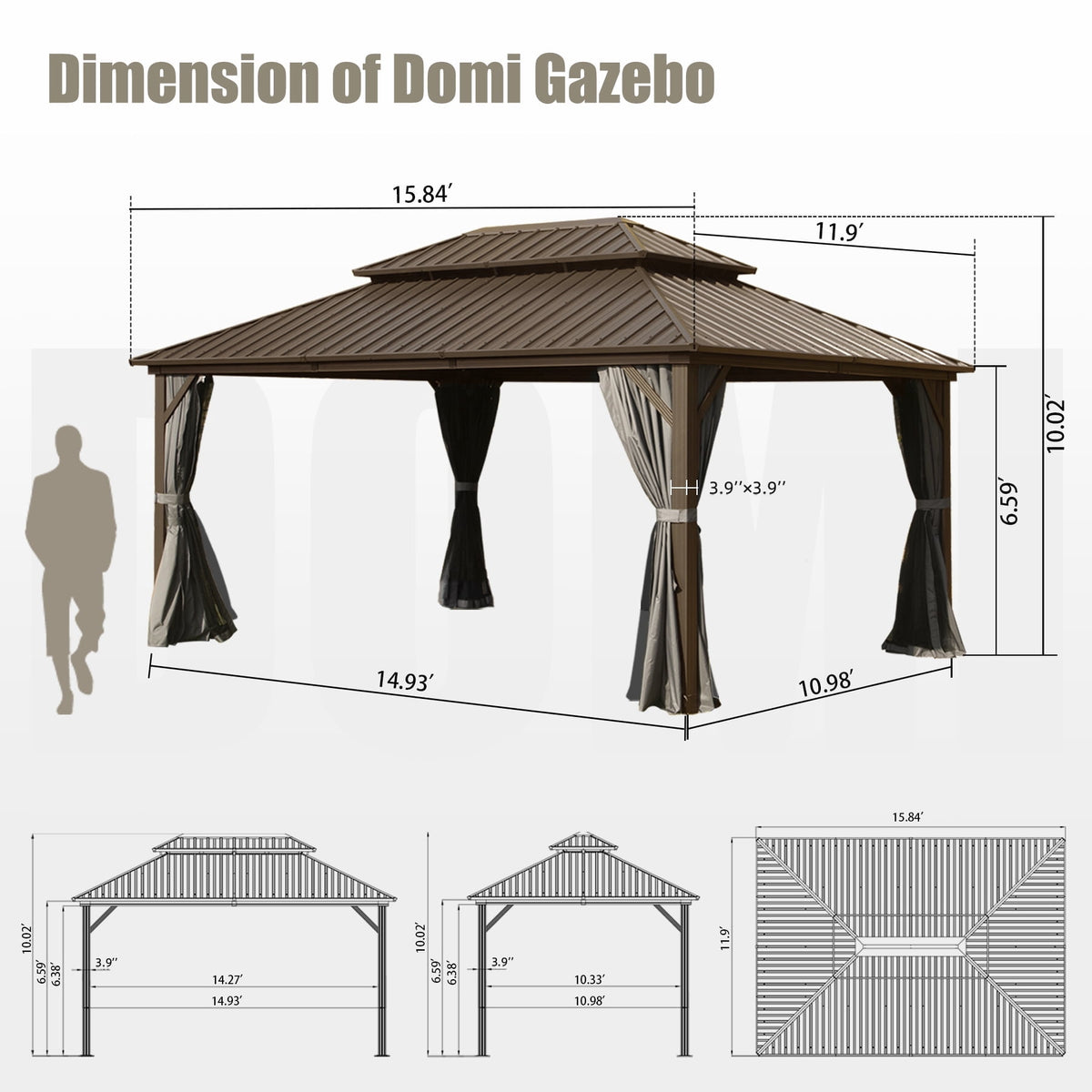 Domi Outdoor 12x16 ft Hardtop Gazebo Canopy Metal with Galvanized Steel Double Roof,Curtain & Netting for Patio Deck Backyard, Brown