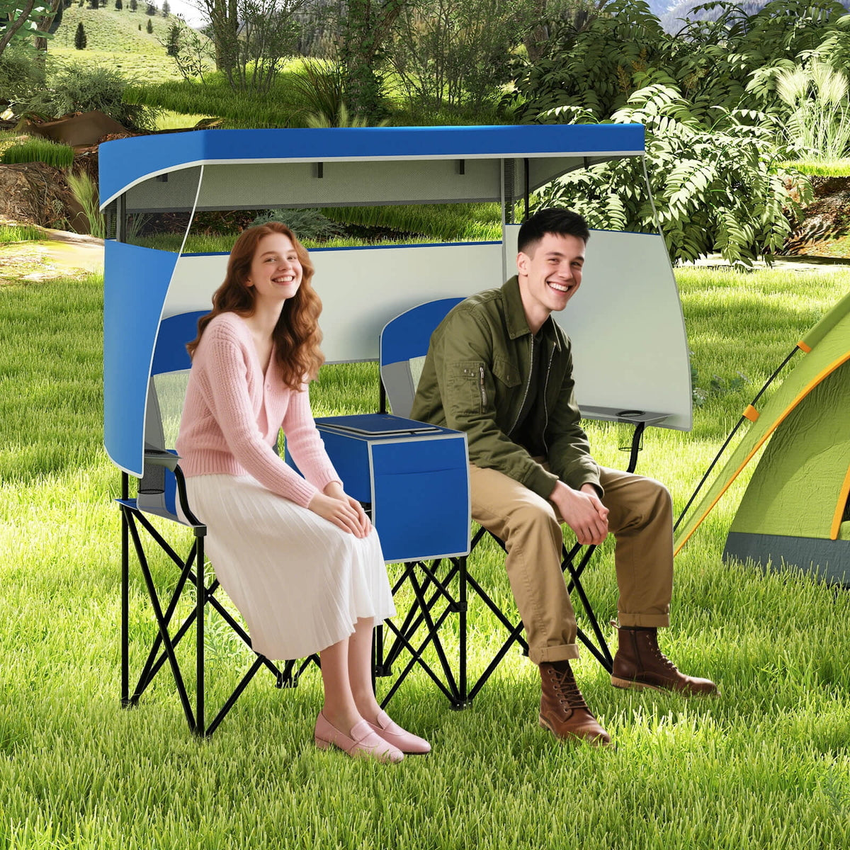 Costway Double Beach Chair with Adjustable Canopy Oversized Folding Camping Chair Navy