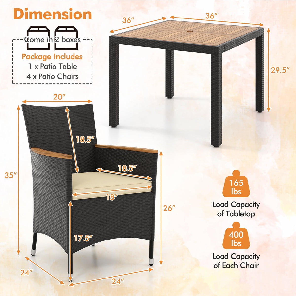 Costway 5 PCS Patio Dining Table Set for 4 Rattan Conversation Set with Umbrella Hole
