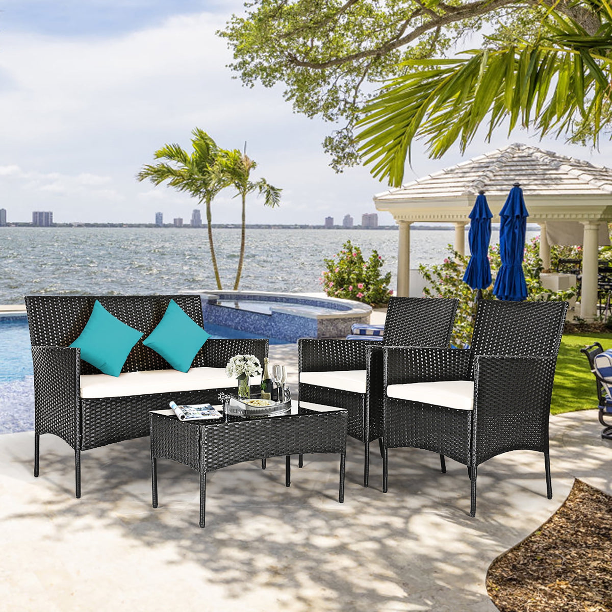 Costway 4-Piece Outdoor Patio Furniture Set Wicker Set Conversation Set for Balcony Backyard Garden Poolside