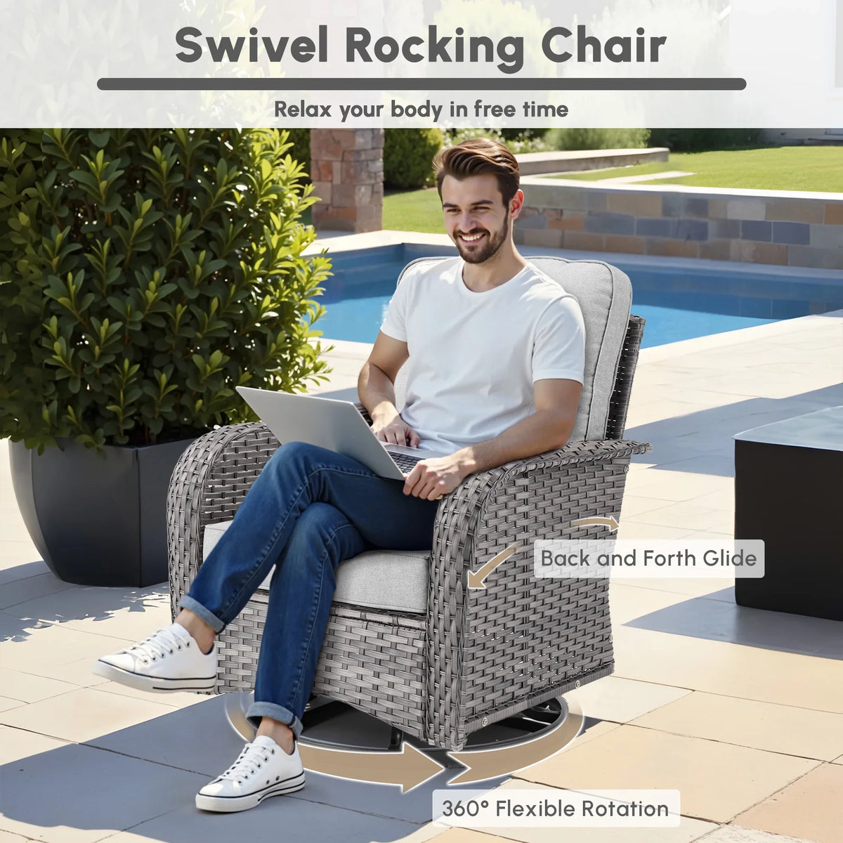 2026 NewOvios 5 Pieces Outdoor Patio Furniture Set High Back All Weather Wicker Conversation Set with Swivel Chairs & Coffee Table, Dark Gray