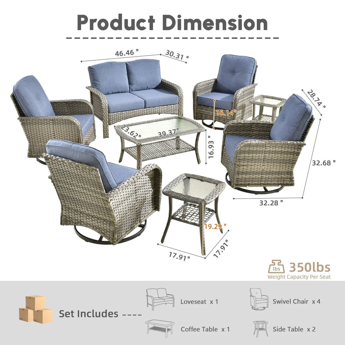 2026 NewOvios 5 Pieces Outdoor Patio Furniture Set High Back All Weather Wicker Conversation Set with Swivel Chairs & Coffee Table, Dark Gray