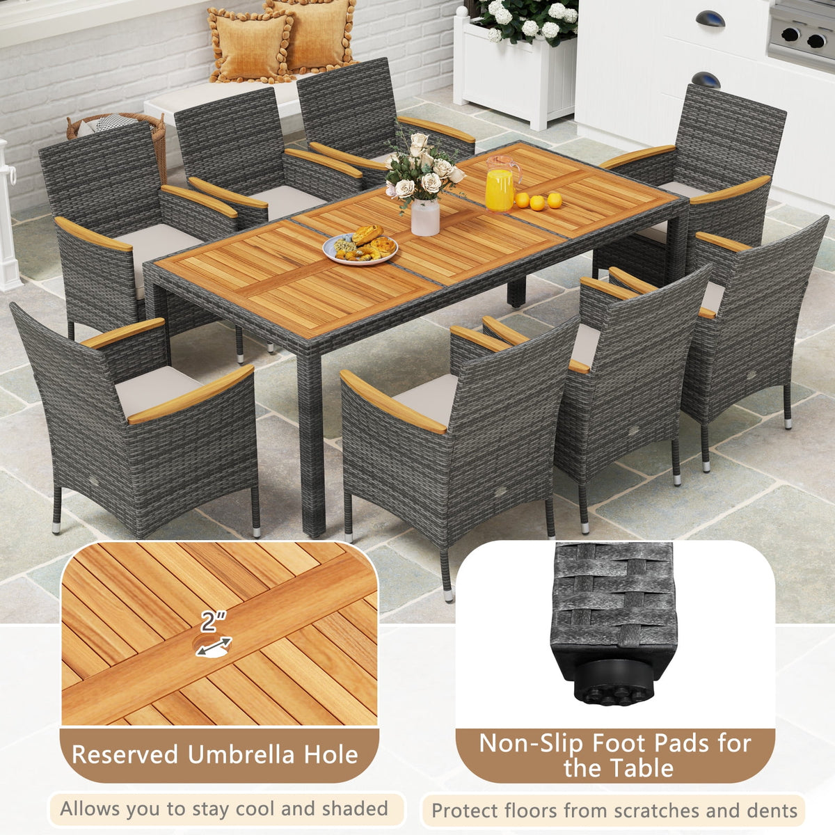 Costway 9PCS Patio Rattan Dining Set Mix Gray Acacia Wood Table Cushioned Chair