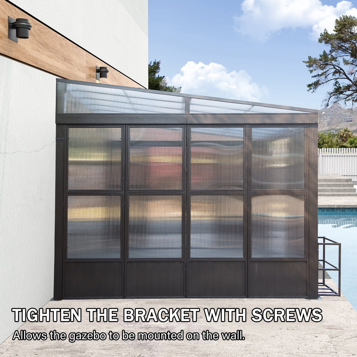 Domi 10x14FT All-Season Sunroom, Aluminum Lean-To Gazebo with Detachable Polycarbonate Windows, 2 Lockable Sliding Doors, for Patio/Garden Deck