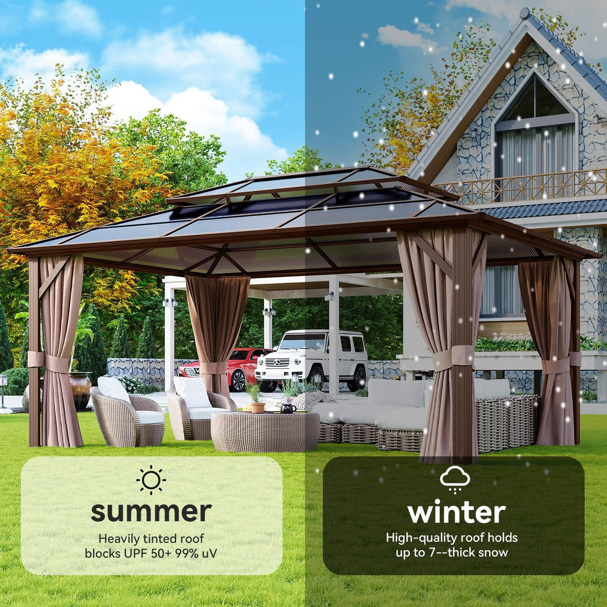 Aoxun 12 ft. x 16 ft. Hardtop Gazebo, Aluminum Frame Permanent Pavilion with Curtains and Netting, Outdoor Polycarbonate Double Roof Canopy, for Garden, Lawns, Patio