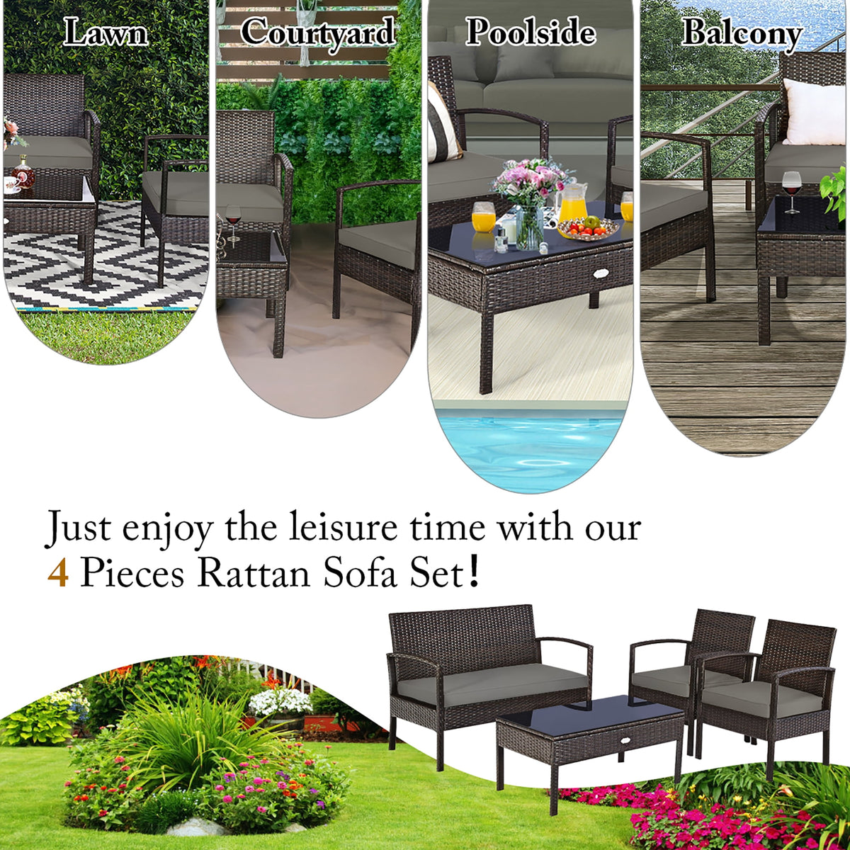 Costway 4pcs Patio Rattan Wicker Furniture Set Loveseat Sofa Cushioned Garden Yard
