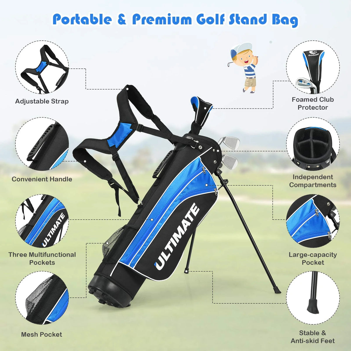 Junior Complete Golf Club Set for Age 8 to 13, Includes 3# Fairway Wood, 7# & 9# Irons, Putter
