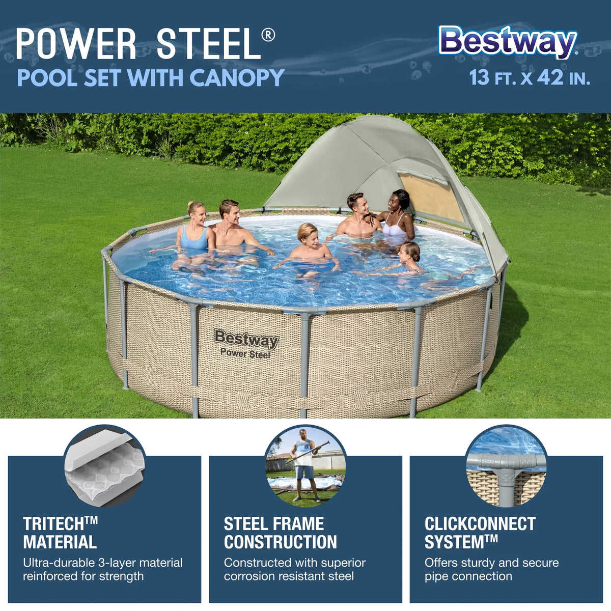 2026 NewBestway Power Steel 14' x 42" Round Above Ground Outdoor Swimming Pool Set