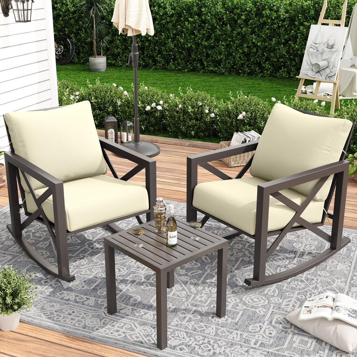 2026 NewMRUAKA Rocking Chair Bistro Set,3 Piece Outdoor Patio Furniture Set with 2 Rockers and 1 Metal Coffee Table with Thick Cushions for Porch,Backyard,Poolside,Beige