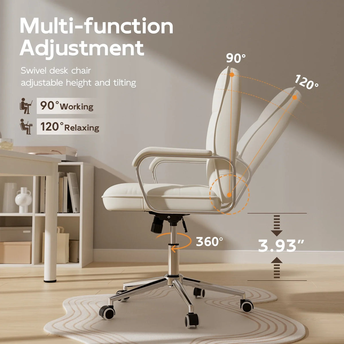 2026 NewSolfway White Office Chair, Swivel Leather Computer Desk Chair with Wheels and Padded Arms, Executive Office Chair for Adults