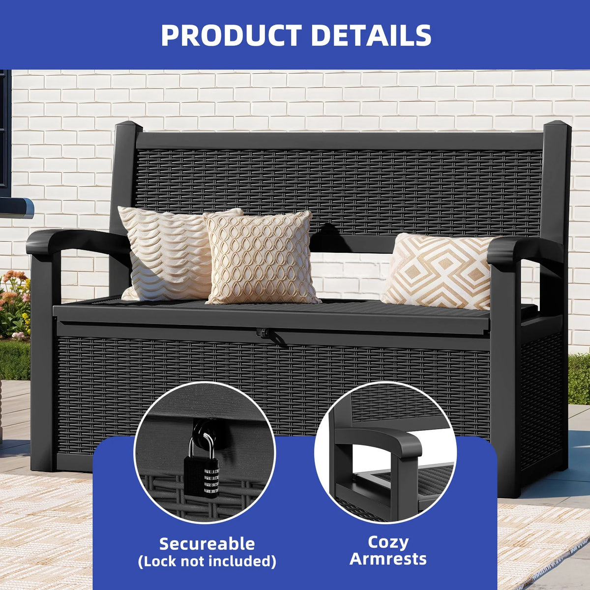 2026 NewModFusion 70-Gallon Outdoor Resin Storage Cabinet with Rattan Backrest �C Waterproof Patio Bench Seat, 500 lbs Capacity, Black