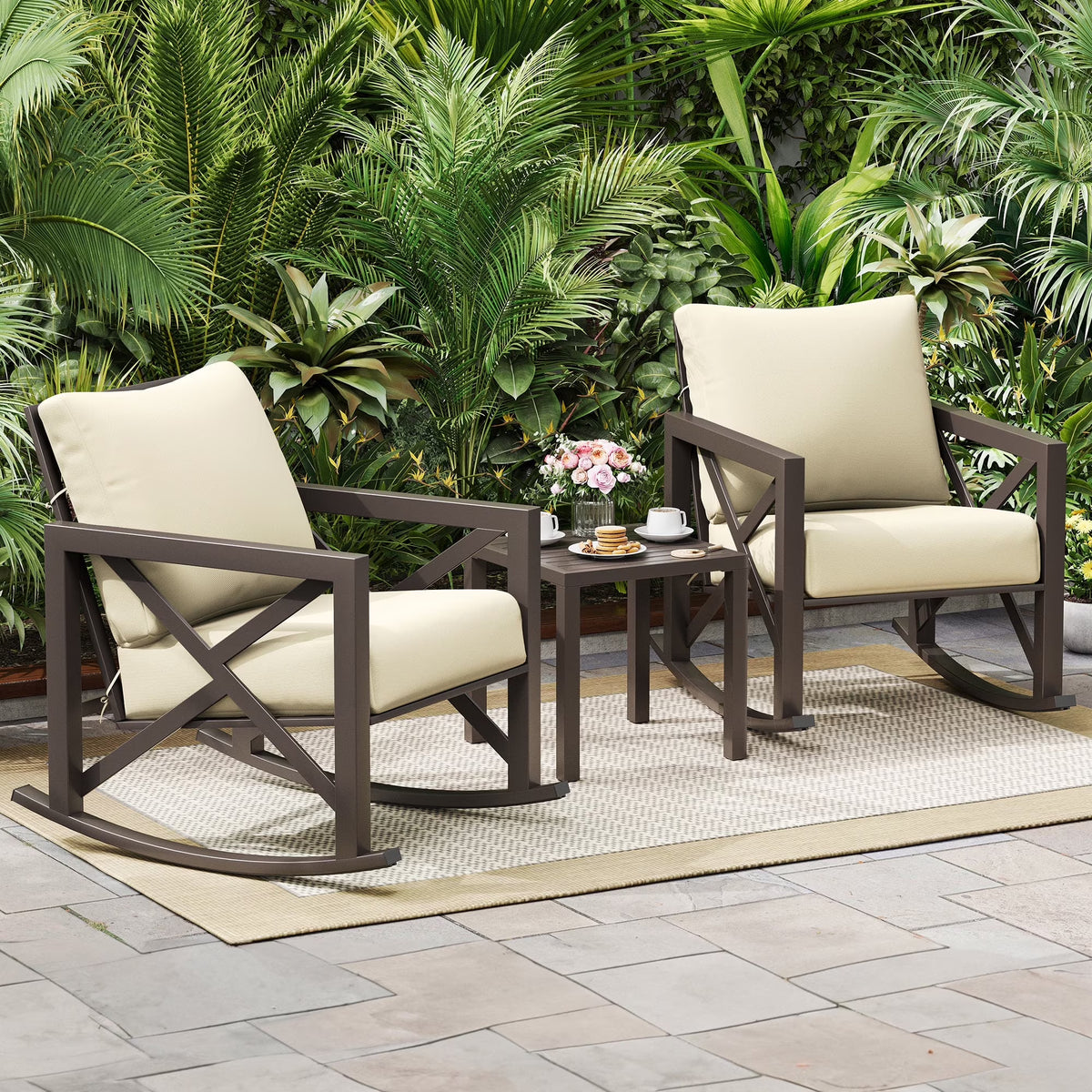 2026 NewMRUAKA Rocking Chair Bistro Set,3 Piece Outdoor Patio Furniture Set with 2 Rockers and 1 Metal Coffee Table with Thick Cushions for Porch,Backyard,Poolside,Beige