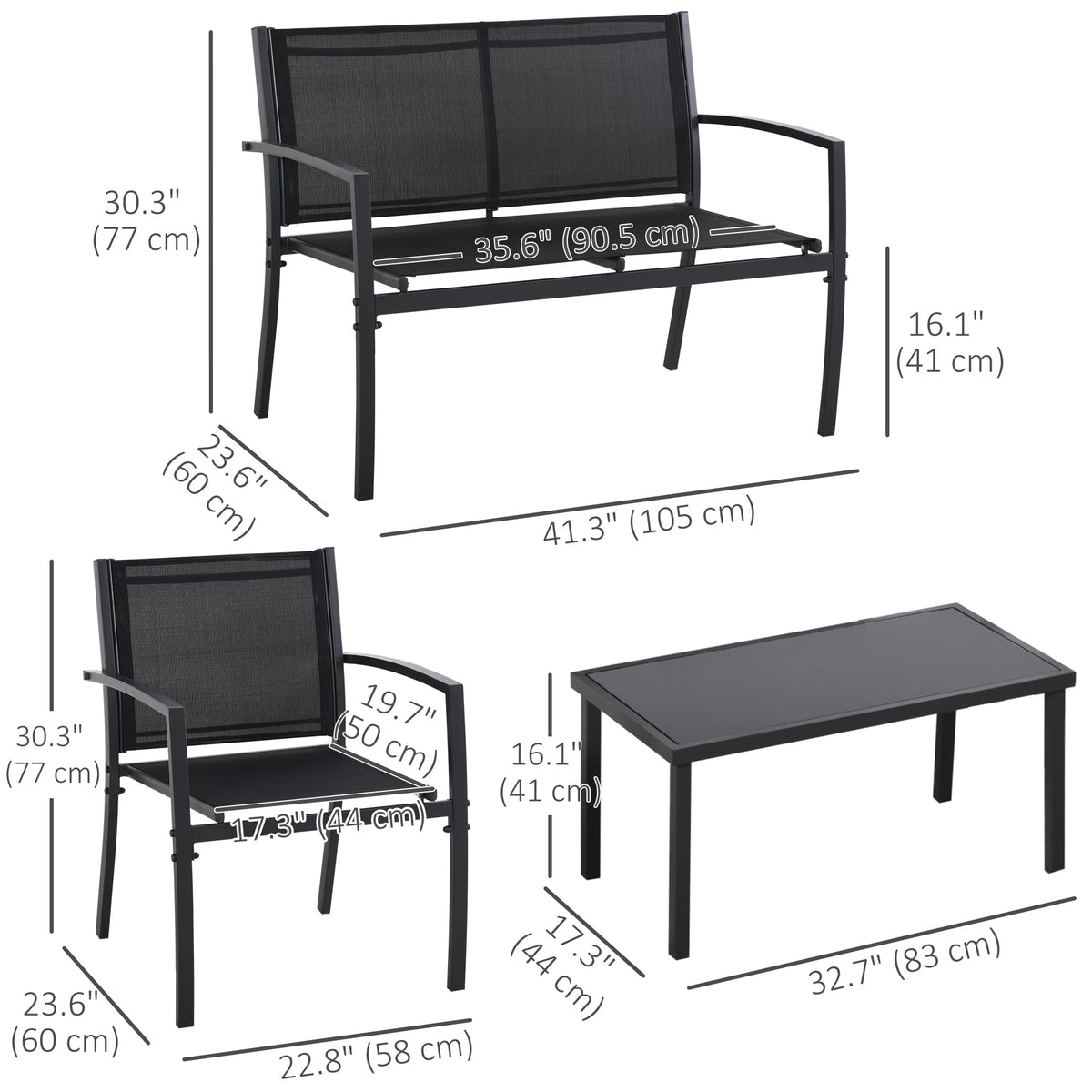 Outsunny 4 Piece Patio Furniture Set, Metal Outdoor Furniture Set, Black