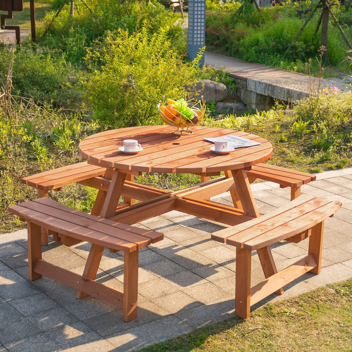 Outsunny Wooden Patio Dining Set, Outdoor Table and Benches Set, Brown