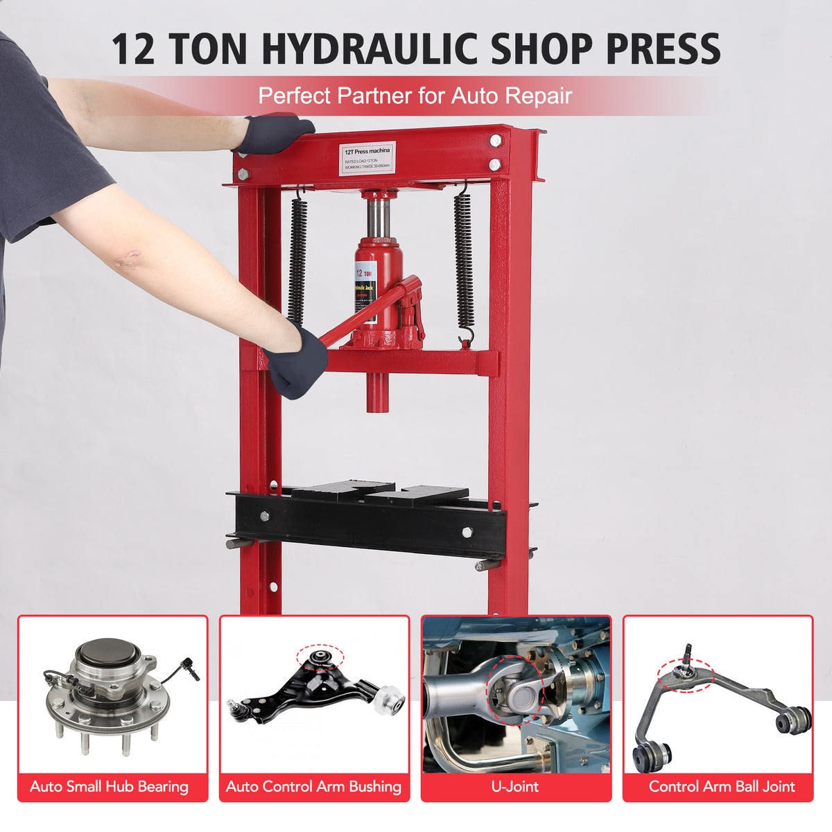 12-Ton H-Frame Hydraulic Shop Press with Adjustable Worktable & Safety Valve – Heavy Duty Benchtop Press for Bearings, Bushings, Metal Bending – Garage & Workshop Equipment 12T