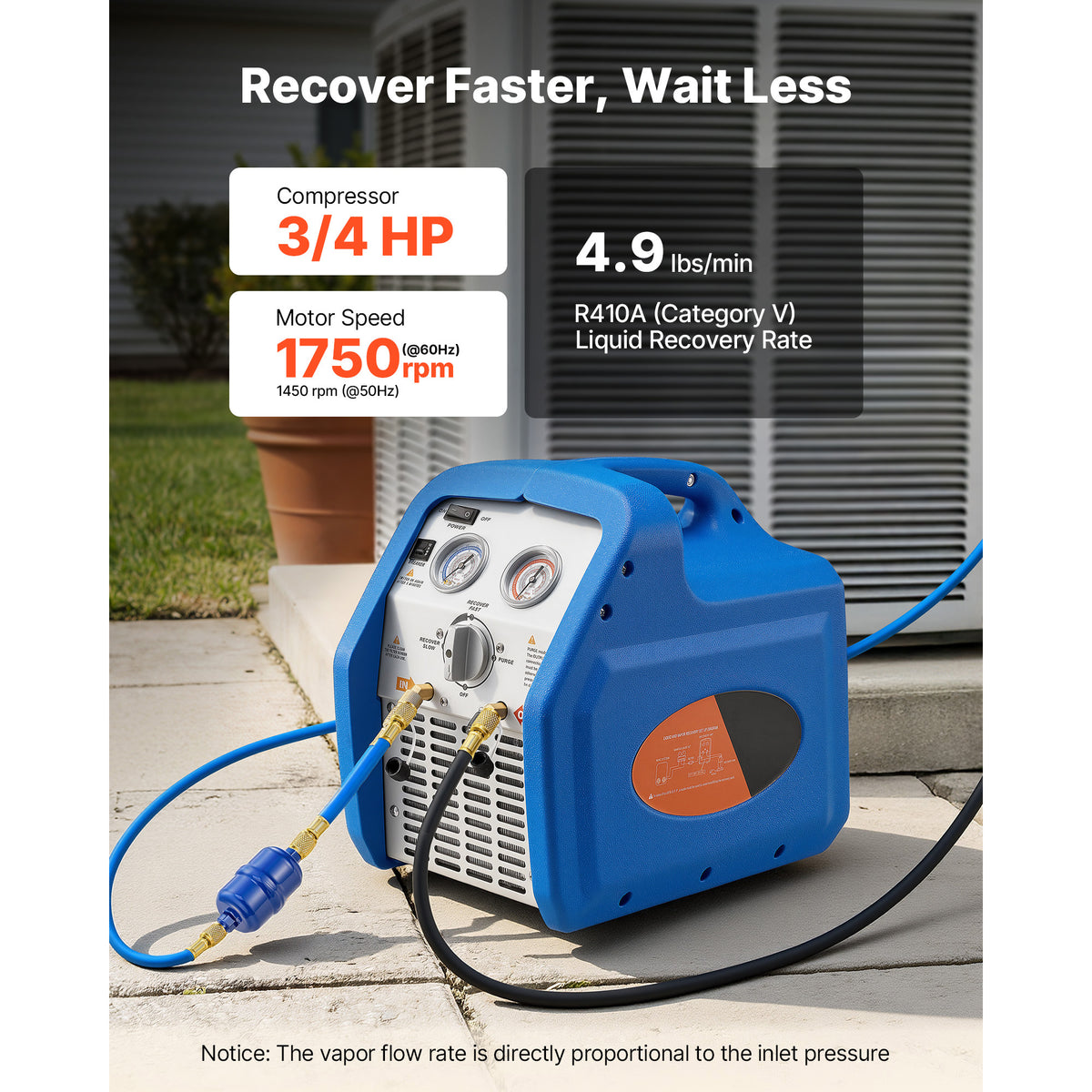 KFFKFF Portable Refrigerant Recovery Machine, 3/4 HP 120V 60Hz Single Cylinder AC Recovery Machine for Liquid Vapor Refrigerant, 1750 RPM Recycling Unit HVAC
