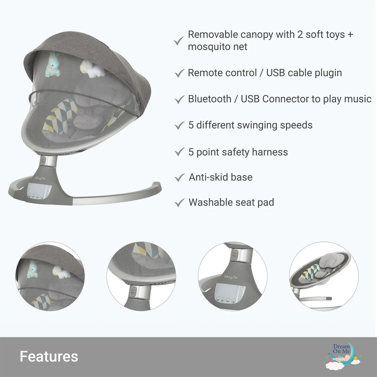 2026 NewDream On Me Zazu Baby Swing. Baby Swing for Infant. 5 - Swinging Speed. Two Attached Toys. Bluetooth Enabled and Remote Control. Grey and Blue
