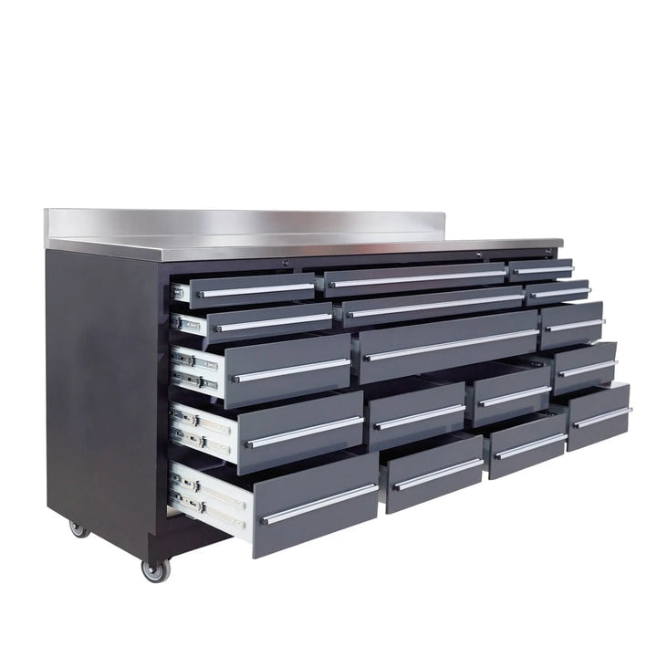 TMG Industrial 17-Drawer Workbench, 7-Ft, TMG Heavy Series, Stainless Steel Top, Ball Bearing Double Slides & Casters, TMG-WB717