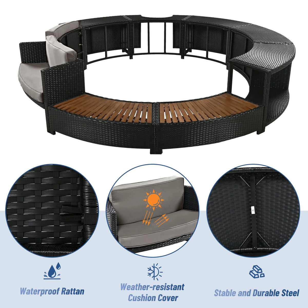 2026 NewRound Hot Tub Surround Furniture, Spa Surround Outdoor Rattan Sectional Sofa Set with Mini Sofa, Solid Acacia Wood Hot Tub Storage Surround Patio Furniture Set, Gray Cushion