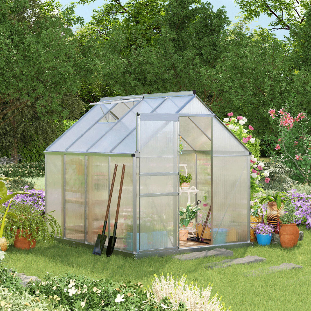 Outsunny 8' x 6' Aluminum Outdoor Greenhouse, Polycarbonate Walk-in Garden Greenhouse Kit with Adjustable Roof Vent, Rain Gutter and Sliding Door for Winter, Silver