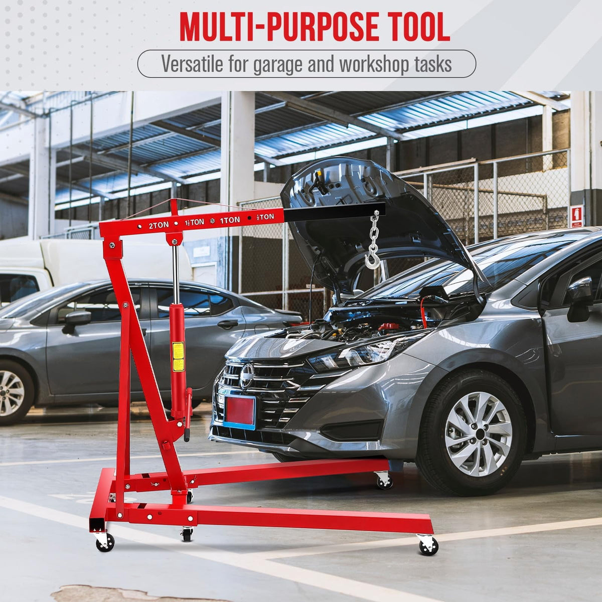 Engine Hoist, Cherry Picker Shop Crane with 6 Casters and Telescopic Boom, Heavy Duty Lift for Garage, Workshop, Automotive Repair(Max Load Capacity 1.2 Tons)