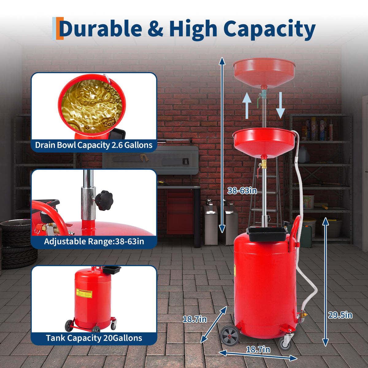 Rust-Proof Air-Operated Waste Oil Drain Tank – 20 Gallon Heavy-Duty Steel, Adjustable Height 38-65 Inches, 15" Funnel, 360° Wheels, Toolbox & Gloves for Garage