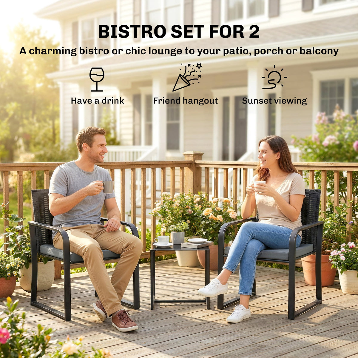 Outsunny Wicker Patio Furniture Bistro Set with Cushion Mesh Seat, Grey