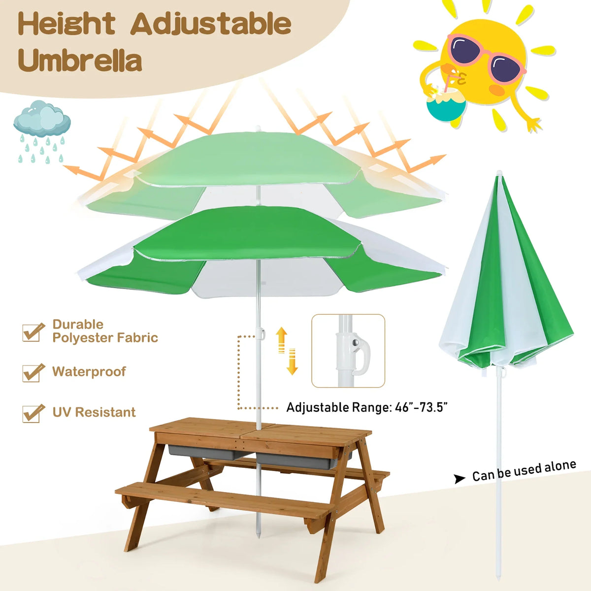 2026 NewCostway 3-in-1 Kids Picnic Table Wooden Outdoor Sand & Water Table with Umbrella Play Boxes Green