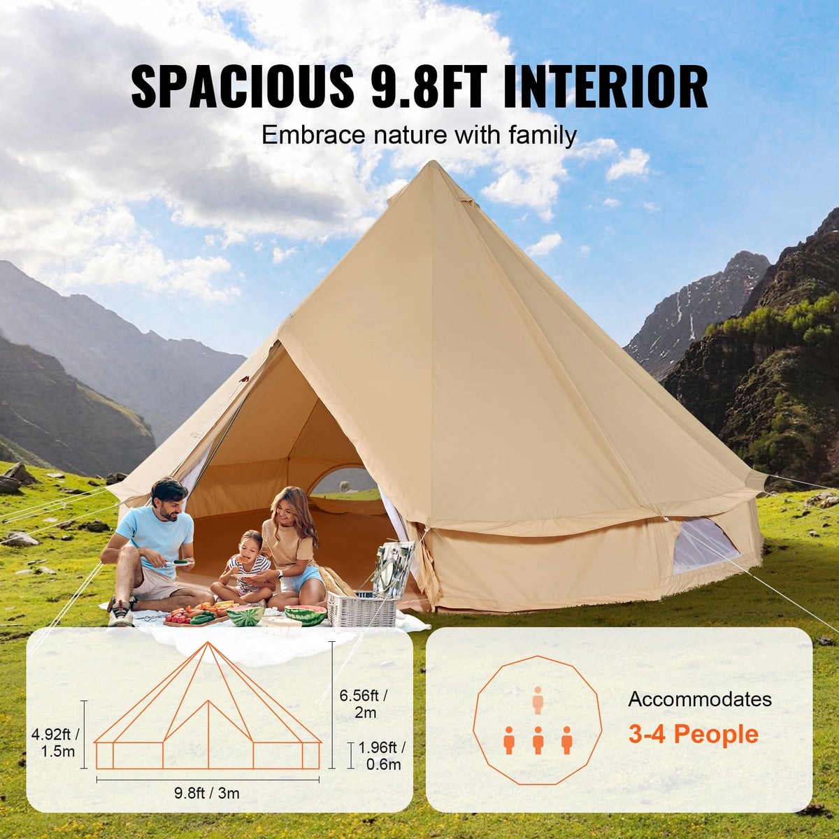 KFFKFF Fabric Bell Shelter, All-Weather 3 m/9.8ft Nomadic Tent, Camping Canvas Tent with Stove Outlet, Ventilated Shelter Accommodates 4 Individuals, Outdoor Family Camping and Hunting Gathering