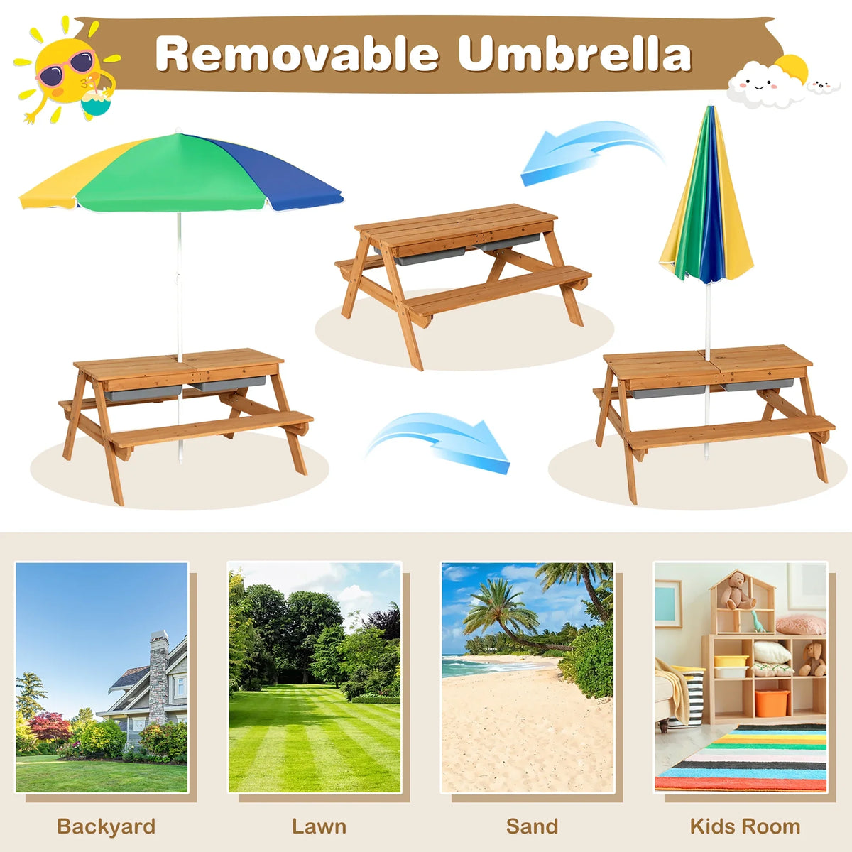 2026 NewCostway 3-in-1 Kids Picnic Table Wooden Outdoor Sand & Water Table with Umbrella Play Boxes Green