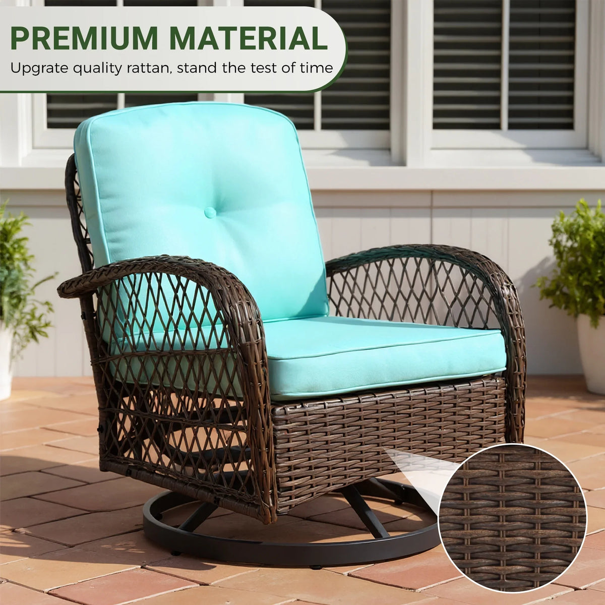 2026 New3 Piece Patio Swivel Rocker Chairs Set, 2 360-Degree Swivel Rocking Chairs with 1 Glass Top Table, PE Rattan Outdoor Bistro Set with Cushions for Balcony Deck Poolside Backyard Porch