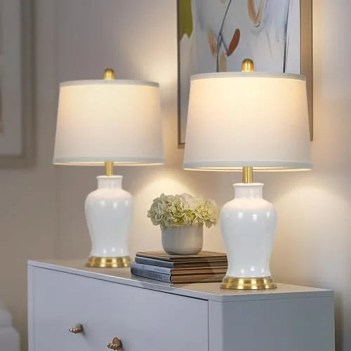 2026 NewModern Ceramic Table Lamps Set of 2, 23" White Ceramic Lamps for Living Room, Rustic Farmhouse Bedside Lamp with Ginger Jar Design, Elegant Bedroom Lamp for Nightstand Desk Side End Table Home Decor