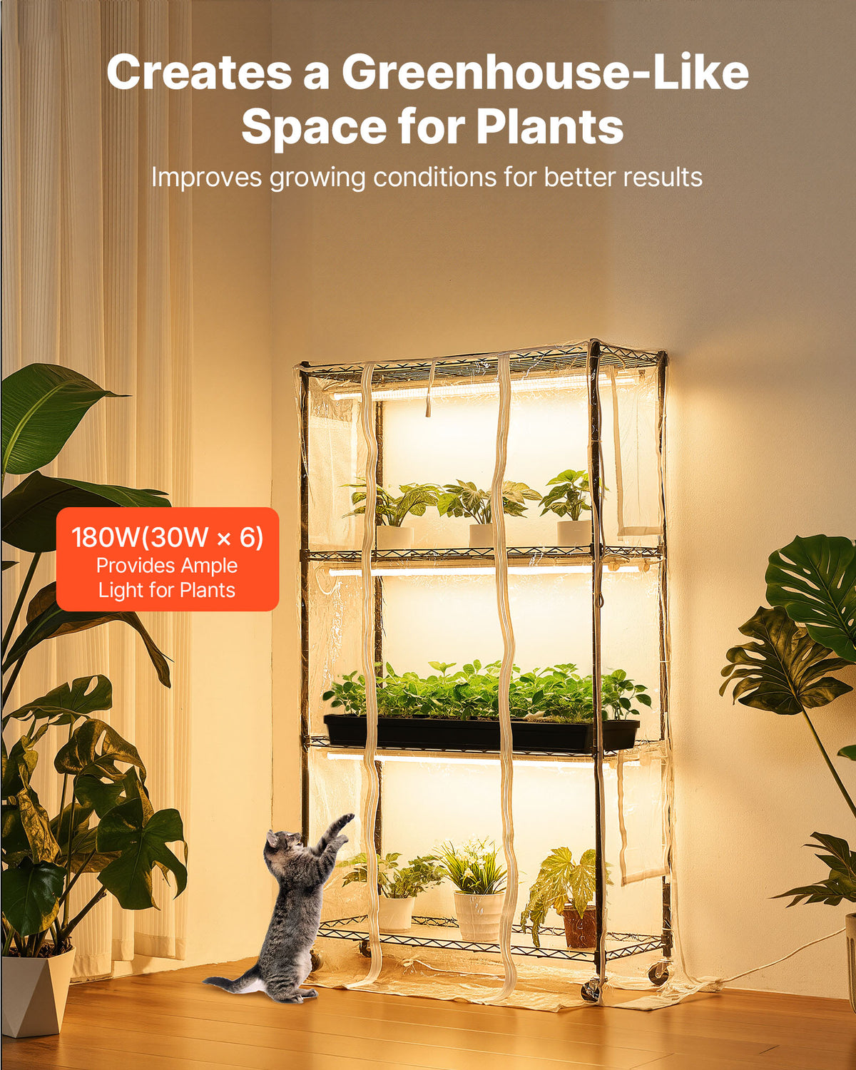 VEVOR Indoor Greenhouse with Grow Light, 59 in Tall 4-Tier Plant Stand with Clear Cover, Timer & Hygrometer, 180W Full Spectrum Grow Lights