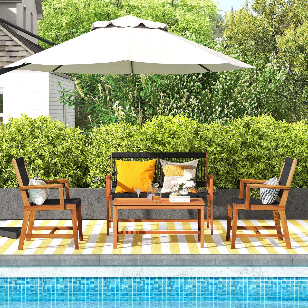 Costway Patio 4pcs Acacia Wood Conversation Table & Chair Set Hand-Woven Rope Outdoor