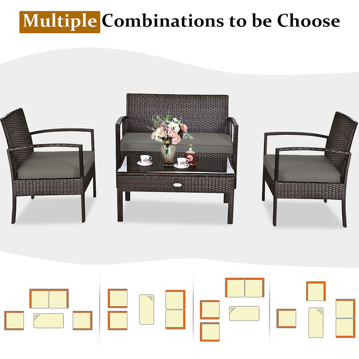 Costway 4pcs Patio Rattan Wicker Furniture Set Loveseat Sofa Cushioned Garden Yard