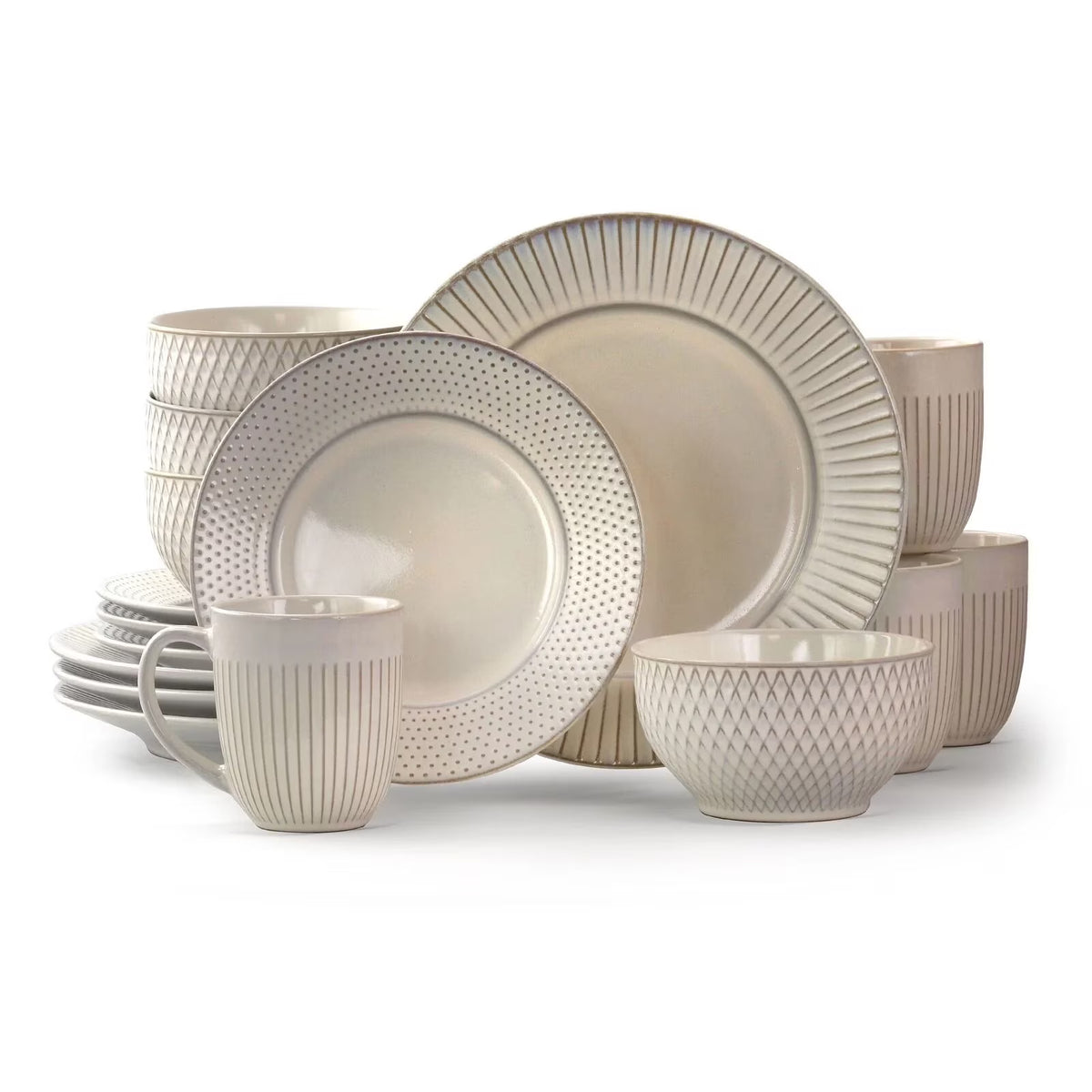 2026 NewElama Market Finds 16 Piece Round Stoneware Dinnerware Set in Embossed White
