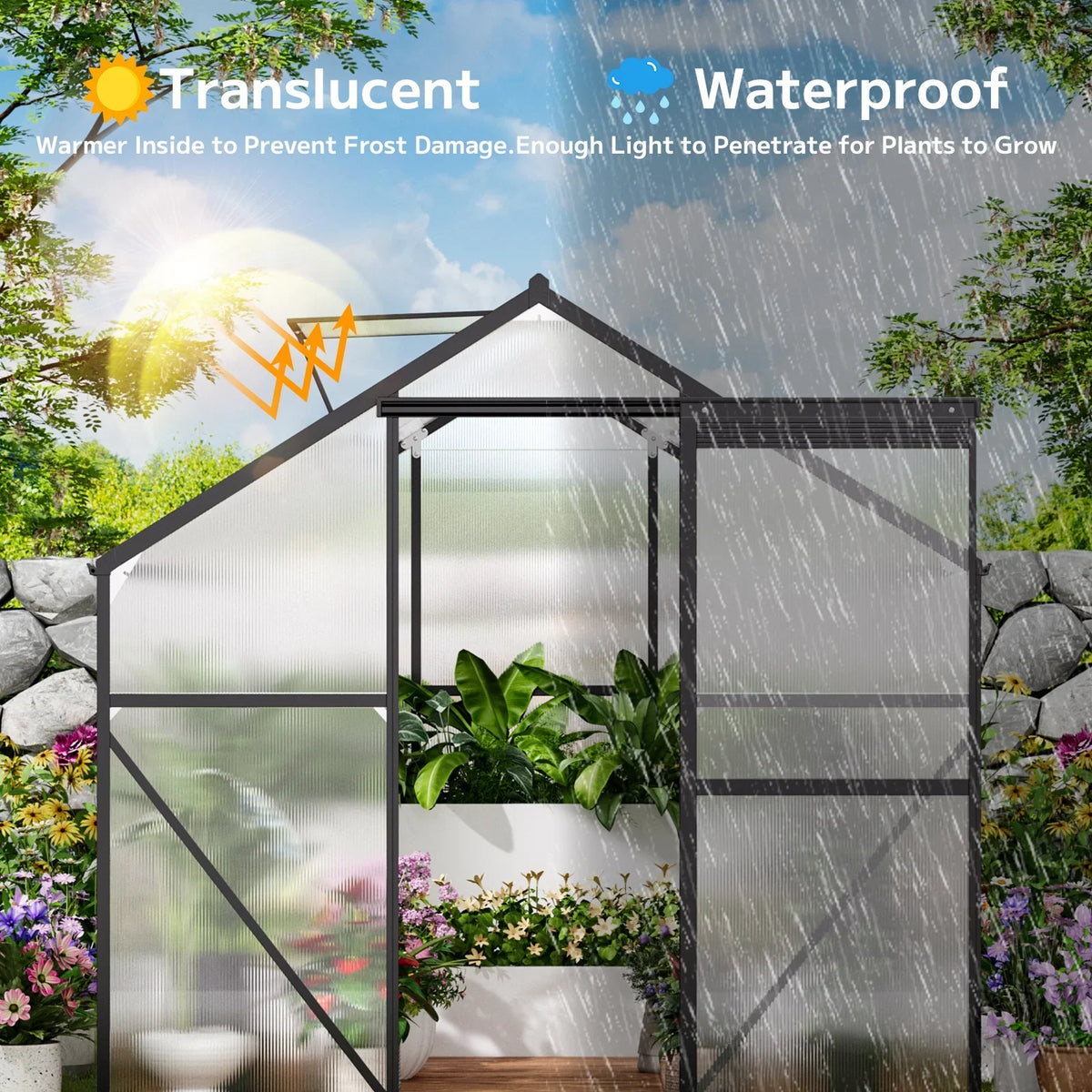 2026 NewAsofer 8x6 FT Greenhouse with Lockable Hinged Door Vent Window, Polycarbonate Walk-in Winter Greenhouse Sunroom, Black