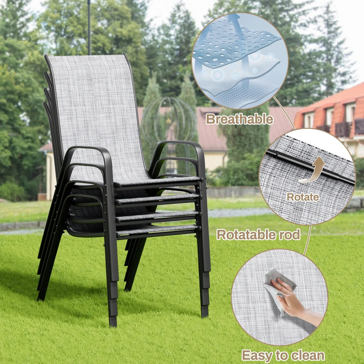 2026 NewPirecart 5-Piece Outdoor Patio Dining Table Set with 4 Stackable Textilene Chairs for for Patio, Lawn, Garden, Gray