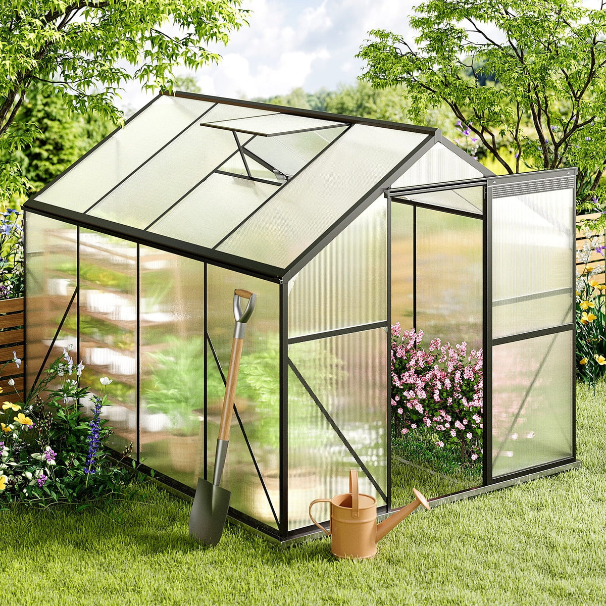 2026 NewAsofer 8x6 FT Greenhouse with Lockable Hinged Door Vent Window, Polycarbonate Walk-in Winter Greenhouse Sunroom, Black