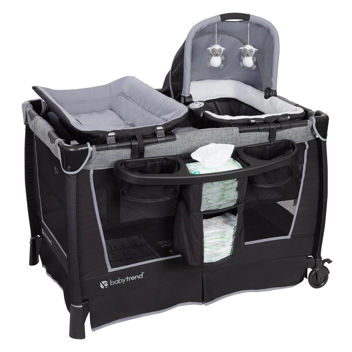 2026 NewBaby Trend Simply Smart Nursery Center Playard with Bassinet and Travel Bag - Whisper Grey
