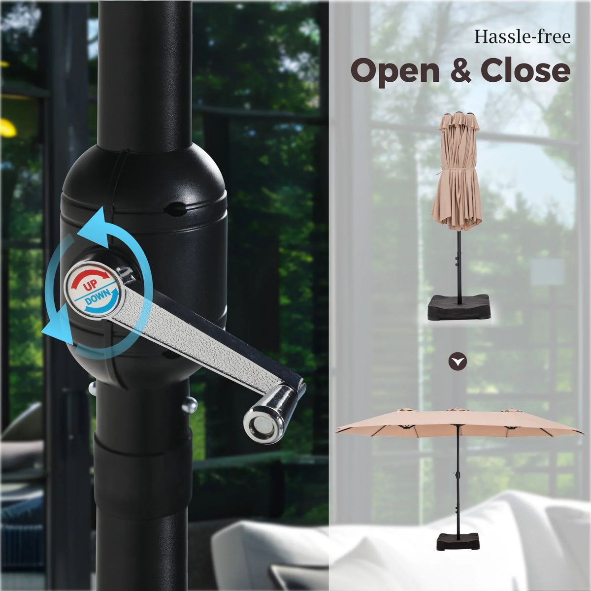 2026 NewAlpha Joy 15ft Outdoor Patio Umbrella Extra-Large Double-Sided Garden Umbrella with Crank Handle and Base - Smoky Gray