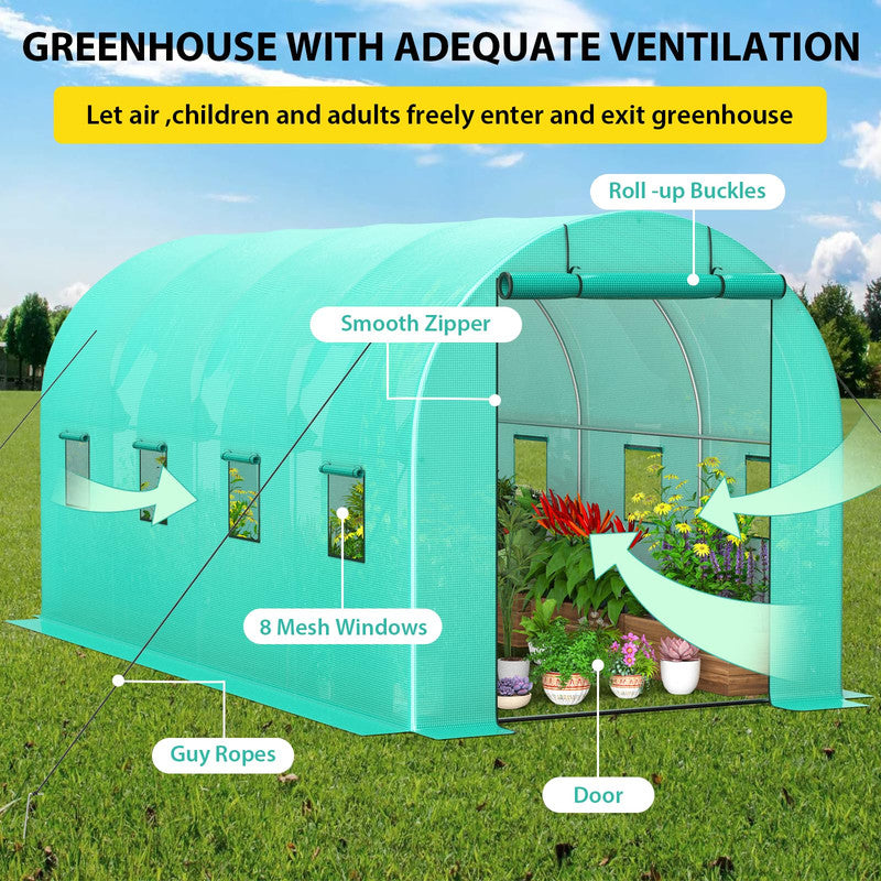 Walk-in Greenhouse with Dual Roll-Up Zipper Doors and 8 Windows, Heavy-Duty Galvanized Steel Frame, Green 140g/m² PE Cover for Outdoor Gardening and Plant Protection