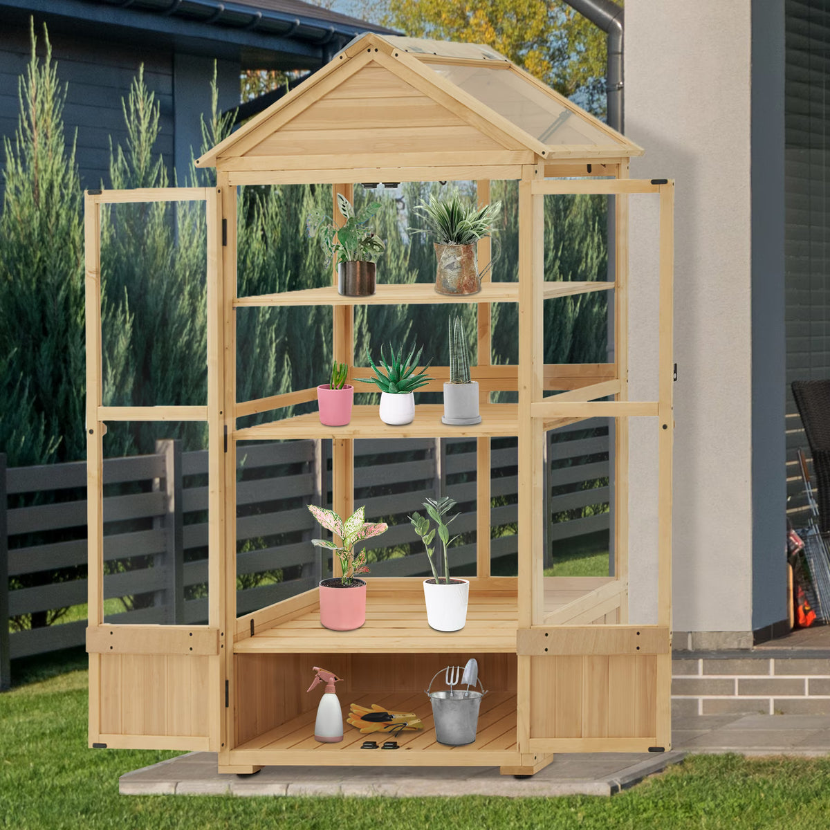 2026 NewMCombo Cold Frame Greenhouse, 3 tier Wooden Greenhouse Cabinet with Adjustable Shelf, Garden Cold Frame Shed for Outdoor Indoor Use, 0847