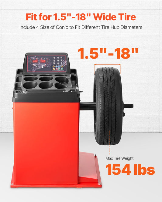 KFFKFF Tire Changer Machine, 18" Spindle, Durable Tire Balancer with 4 Size of Conic & 45# Steel, Reinforced Tire Balancer with Complete Measuring Tools & Multi-Compartment