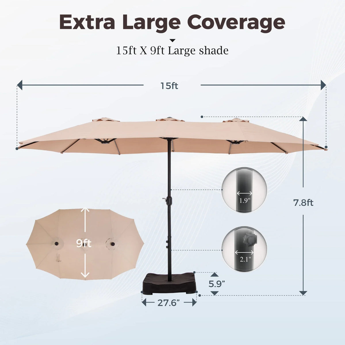 2026 NewAlpha Joy 15ft Outdoor Patio Umbrella Extra-Large Double-Sided Garden Umbrella with Crank Handle and Base - Smoky Gray