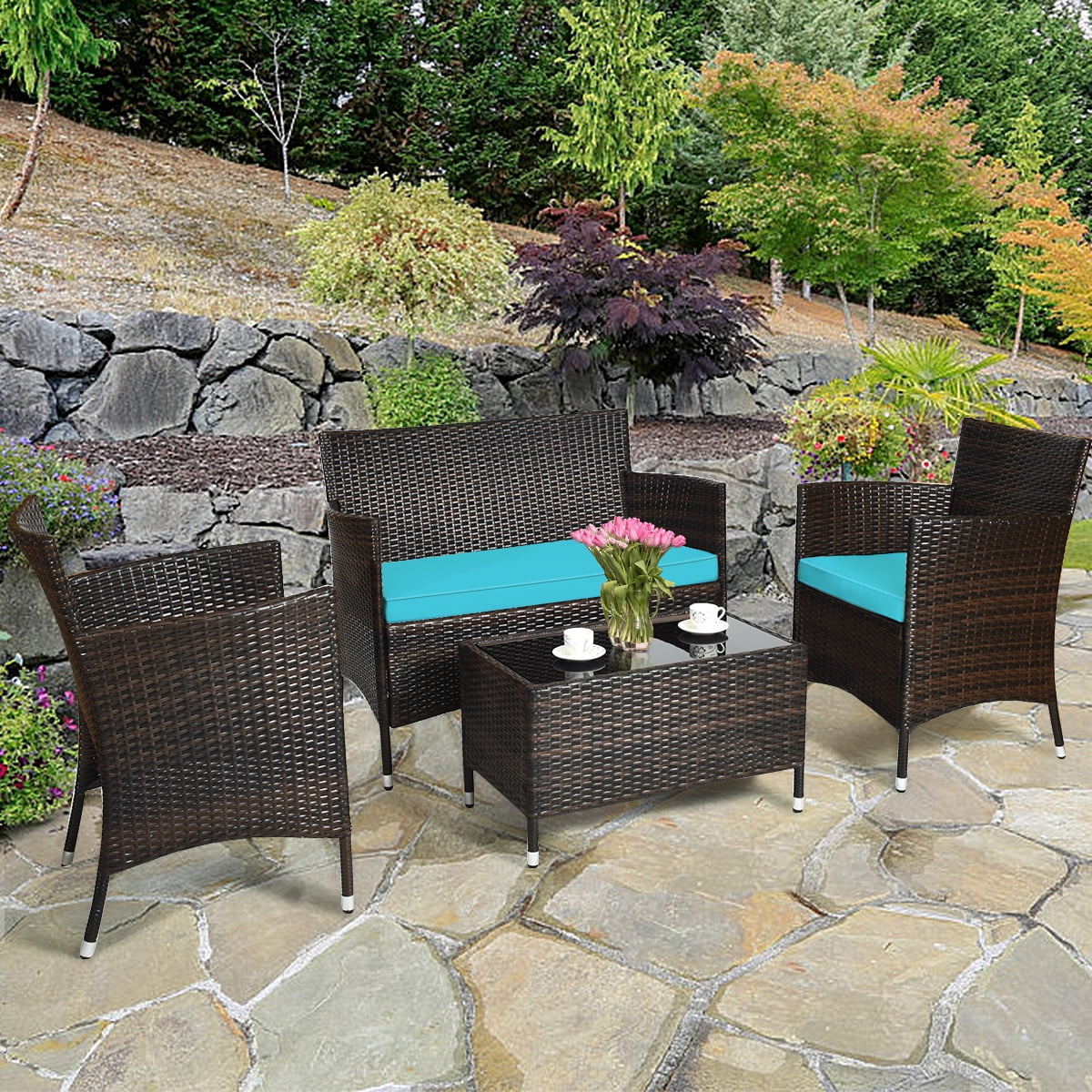 Patiojoy 4PCS Patio Rattan Wicker Furniture Set Sofa Chair Table Set w Turquoise Cushions