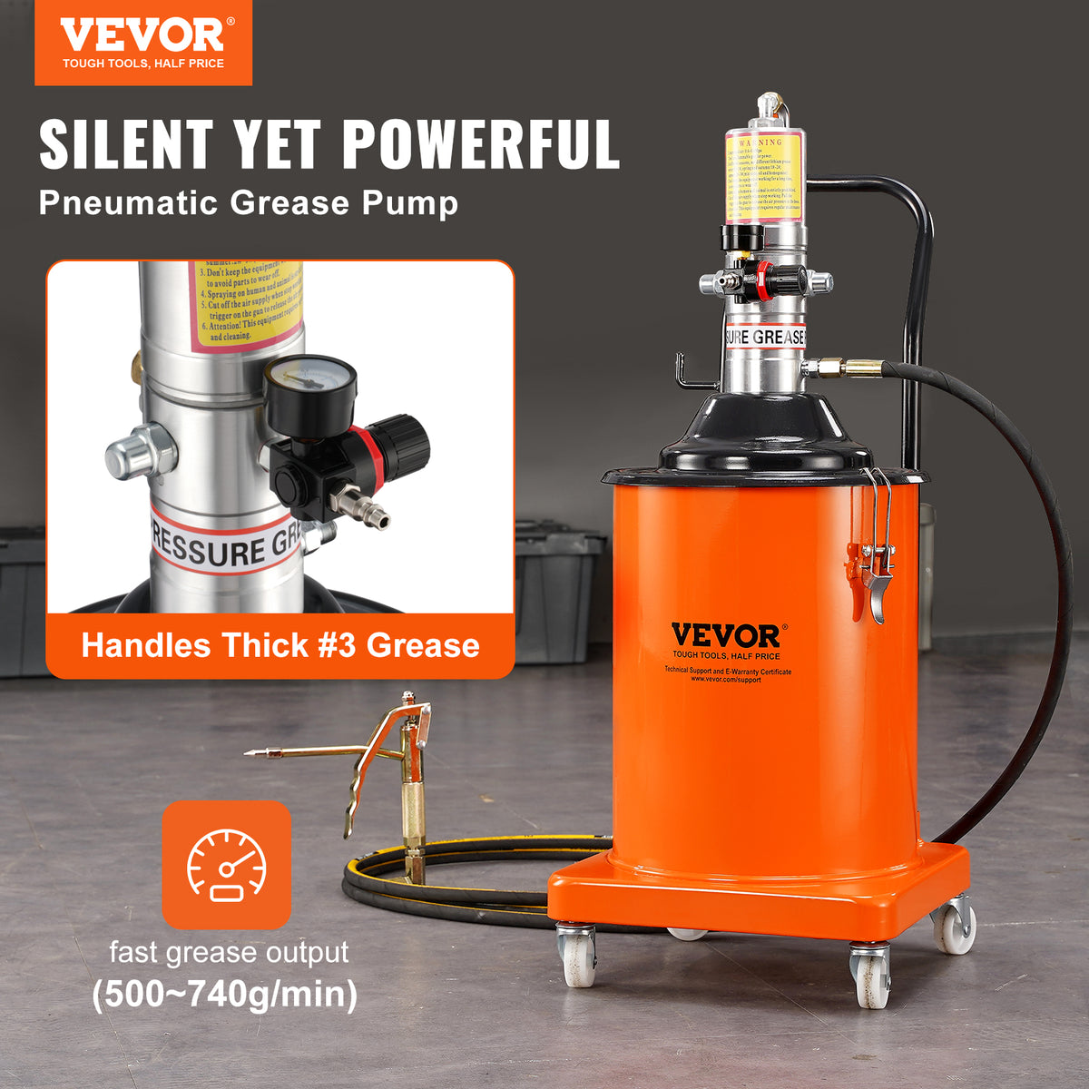 VEVOR Grease Pump, 5 Gallon 20L, Air Operated Grease Pump with 13 ft High Pressure Hose and Grease Gun, Pneumatic Grease Bucket Pump with Wheels, Portable Lubrication Grease Pump 50:1 Pressure Ratio