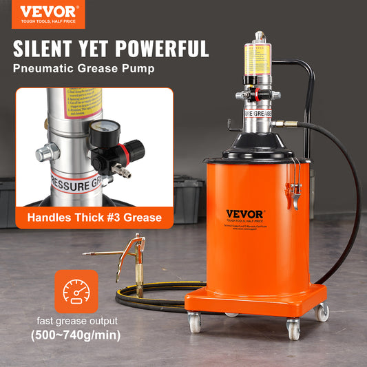 VEVOR Grease Pump, 5 Gallon 20L, Air Operated Grease Pump with 13 ft High Pressure Hose and Grease Gun, Pneumatic Grease Bucket Pump with Wheels, Portable Lubrication Grease Pump 50:1 Pressure Ratio