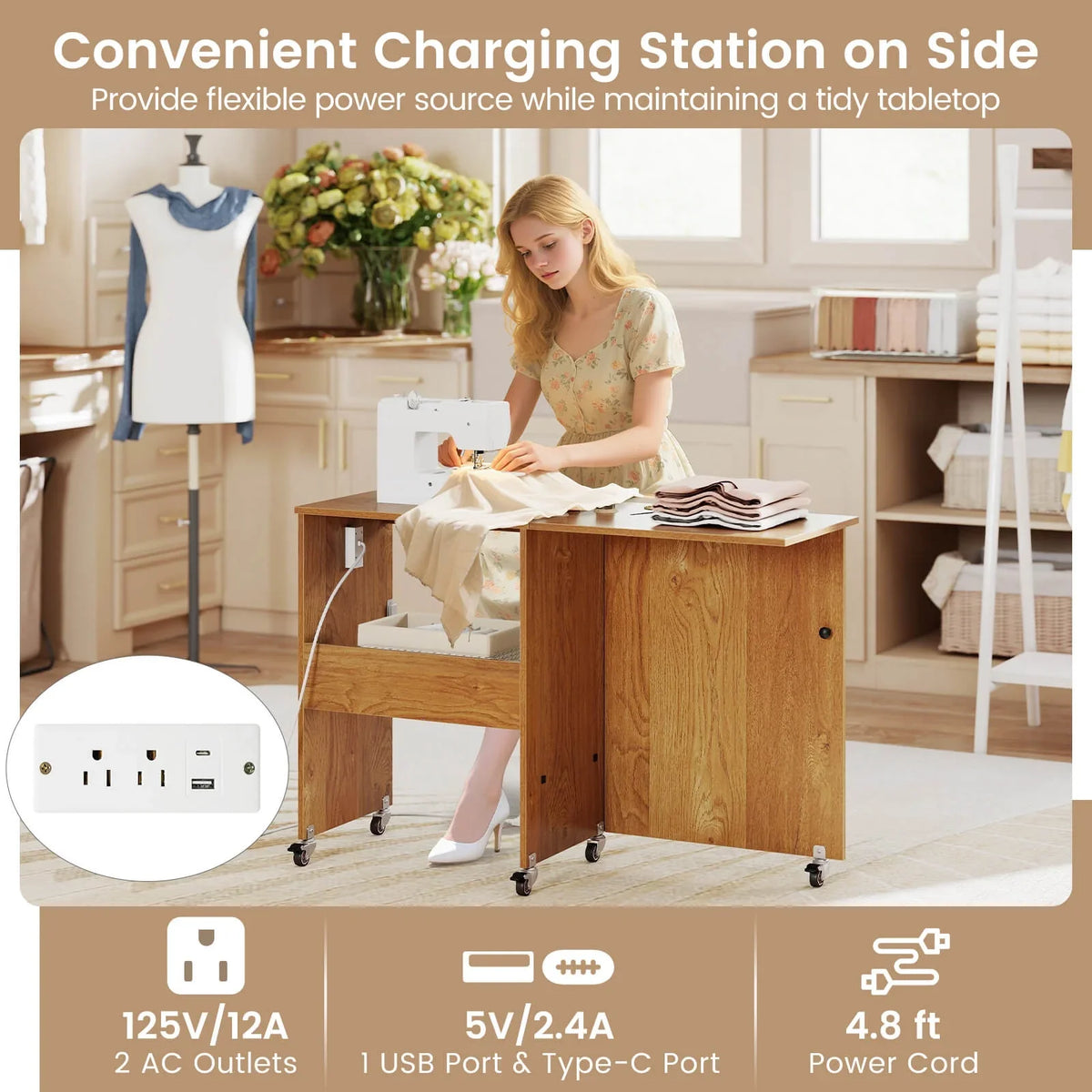 2026 NewCostway Folding Sewing Table Rolling Craft Station with 3 Storage Bins & Charging Station Natural